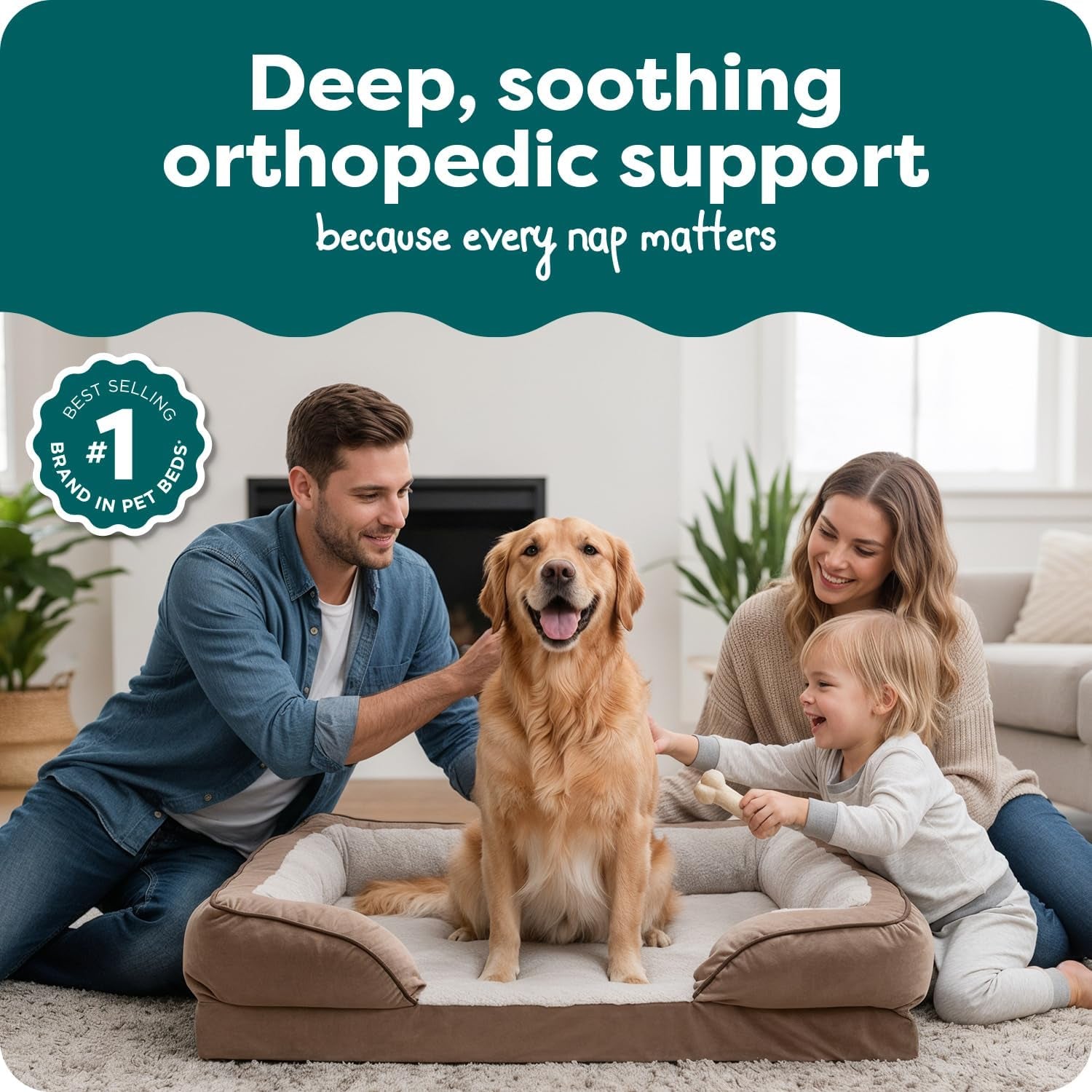 Memory Foam Dog Bed for Large Dogs W/ Removable Bolsters & Washable Cover, for Dogs up to 95 Lbs - Plush & Velvet Waves Perfect Comfort Sofa - Brownstone, Jumbo/Xl